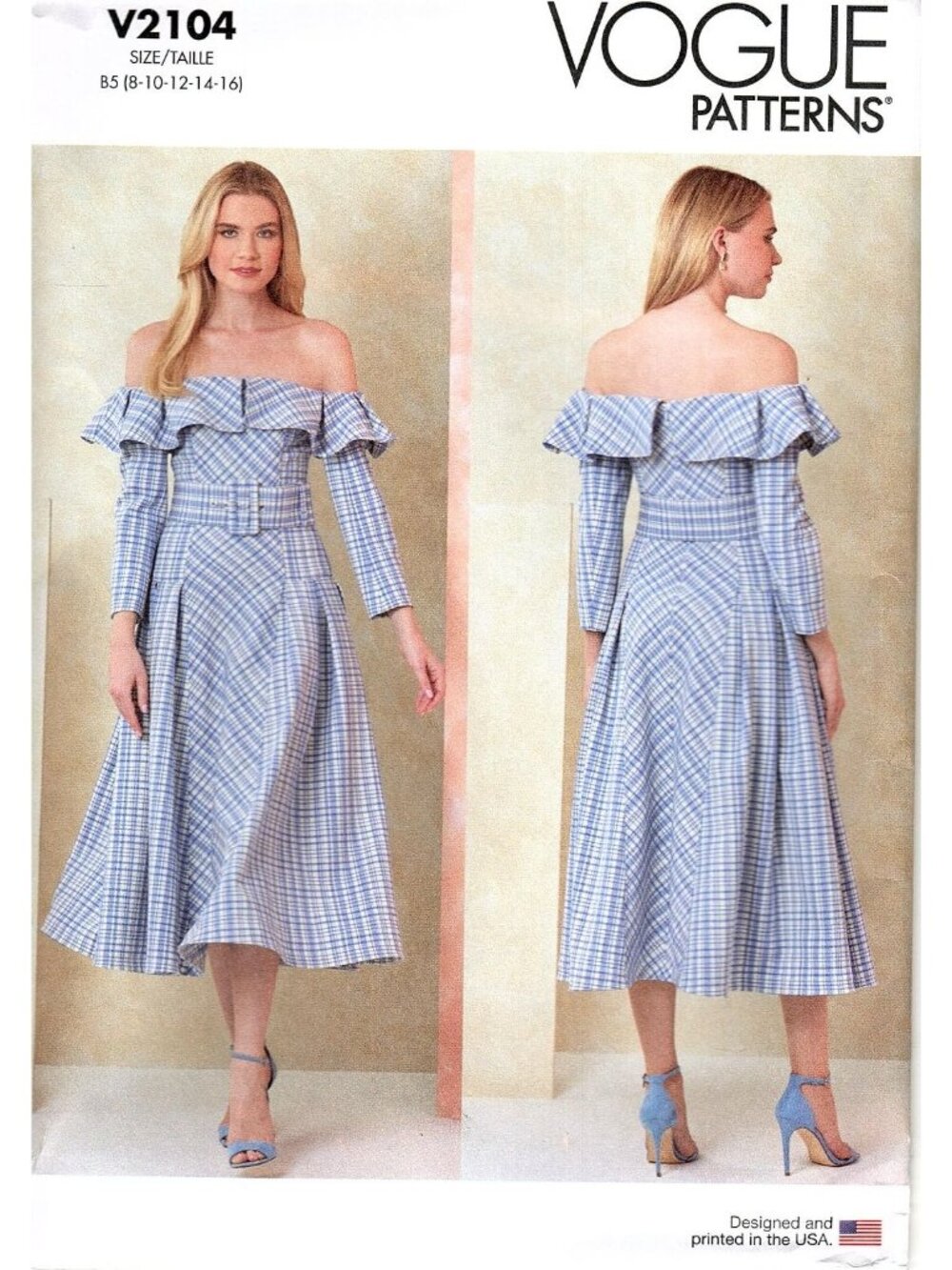 Vogue V2104 Misses 8  to 16 Off-Shoulder Dress and Belt Uncut Sewing Pattern